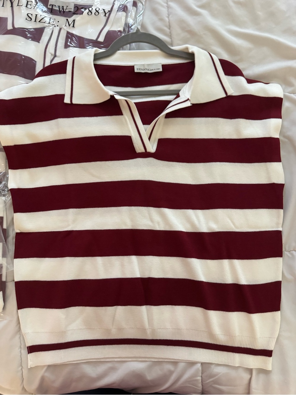 Zenana Outfitters Burgundy and White Striped Polo Top
